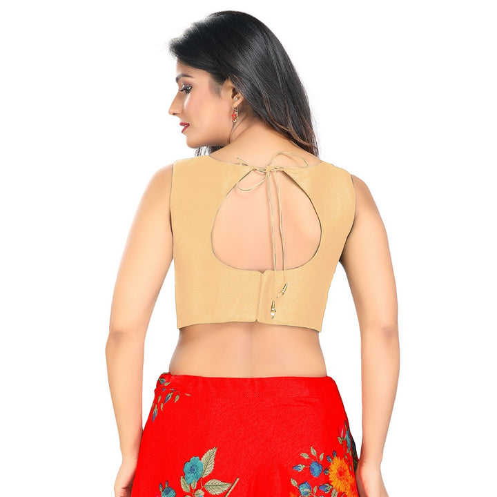 Modestly Stunning Gold Designer Indian High-Neck Sleeveless Saree Blouse Choli (VFJ-45-Gold)