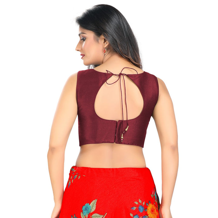 Modestly Stunning Maroon Designer Indian High-Neck Sleeveless Saree Blouse Choli (VFJ-45-Maroon)