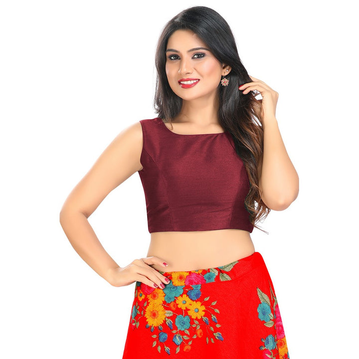 Modestly Stunning Maroon Designer Indian High-Neck Sleeveless Saree Blouse Choli (VFJ-45-Maroon)