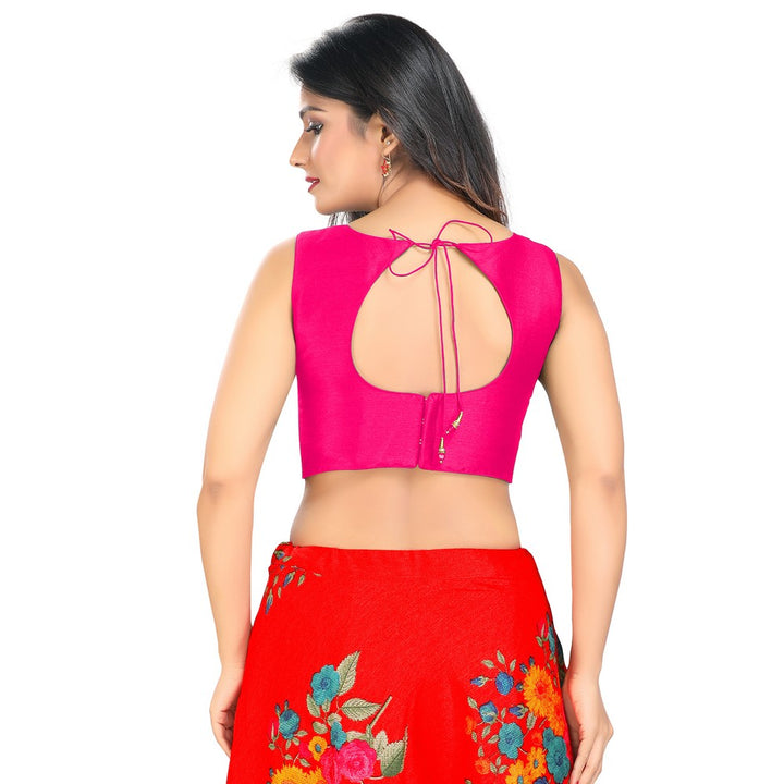 Modestly Stunning Pink Designer Indian High-Neck Sleeveless Saree Blouse Choli (VFJ-45-Pink)