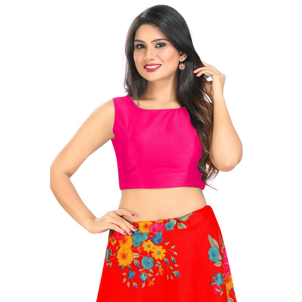 Modestly Stunning Pink Designer Indian High-Neck Sleeveless Saree Blouse Choli (VFJ-45-Pink)
