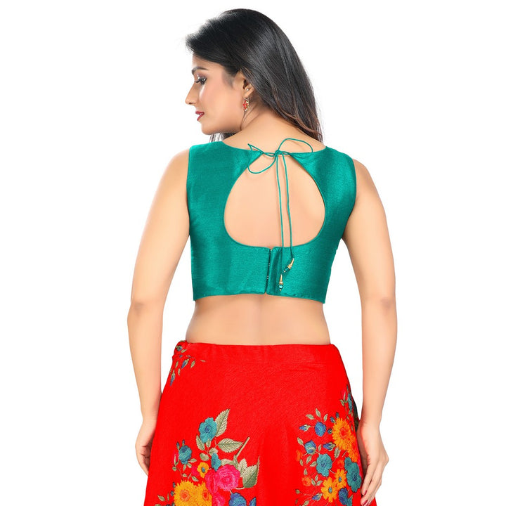 Modestly Stunning Rama-Green Designer Indian High-Neck Sleeveless Saree Blouse Choli (VFJ-45-Rama-Green)