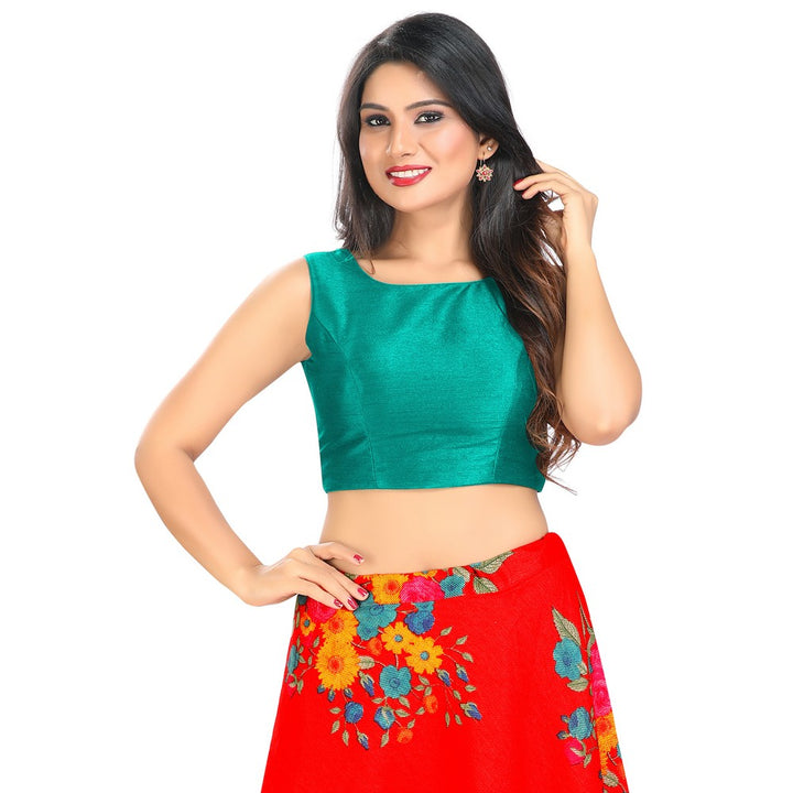 Modestly Stunning Rama-Green Designer Indian High-Neck Sleeveless Saree Blouse Choli (VFJ-45-Rama-Green)
