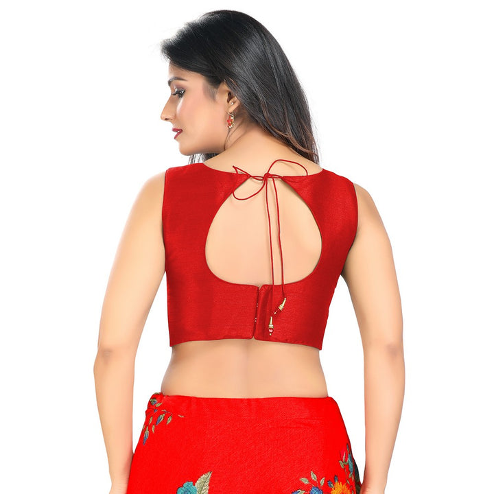 Modestly Stunning Red Designer Indian High-Neck Sleeveless Saree Blouse Choli (VFJ-45-Red)