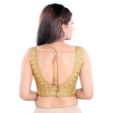 Spectacular Designer Indian Gold Plunging V-Neckline Sleeveless Saree Blouse Choli (VFJKP-28-Gold)