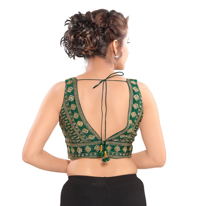 Spectacular Designer Indian Green Plunging V-Neckline Sleeveless Saree Blouse Choli (VFJKP-28-Green)