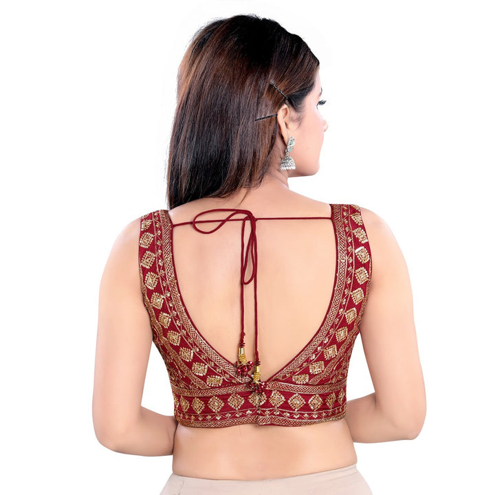 Spectacular Designer Indian Maroon Plunging V-Neckline Sleeveless Saree Blouse Choli (VFJKP-28-Maroon)