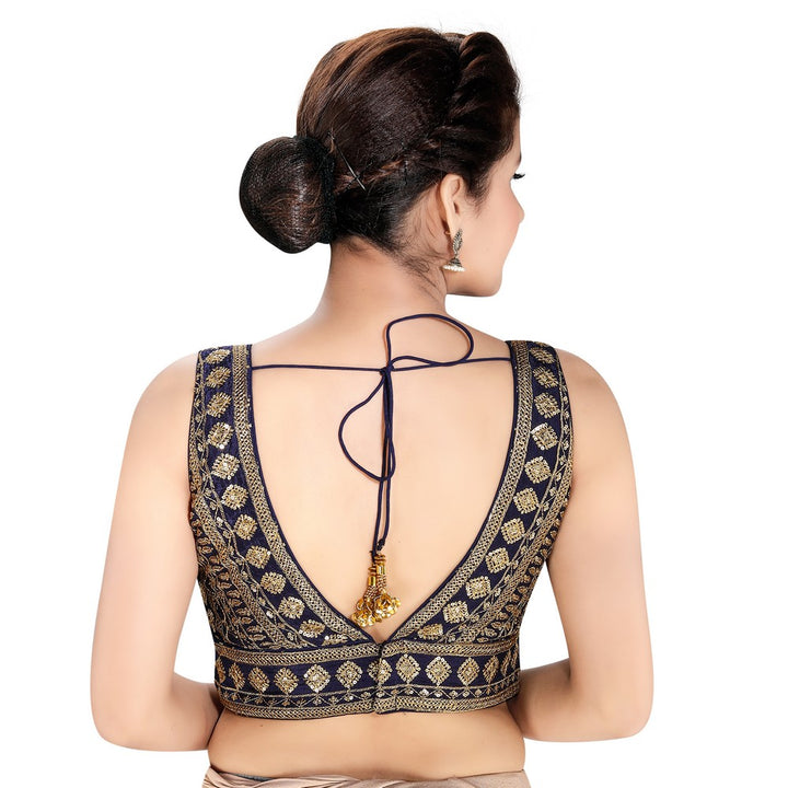 Spectacular Designer Indian Navy-Blue Plunging V-Neckline Sleeveless Saree Blouse Choli (VFJKP-28-Navy-Blue)