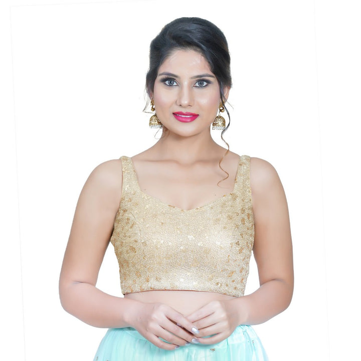 Beautiful Gold Designer Indian Traditional Sweetheart Neckline Sleeveless Saree Blouse Choli (VFJKP-34-Gold)