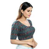 Lovely Rama-Green Designer Indian Traditional Ikat Printed Elbow Sleeves Saree Blouse Choli (X-1032ELB-Rama-Green)