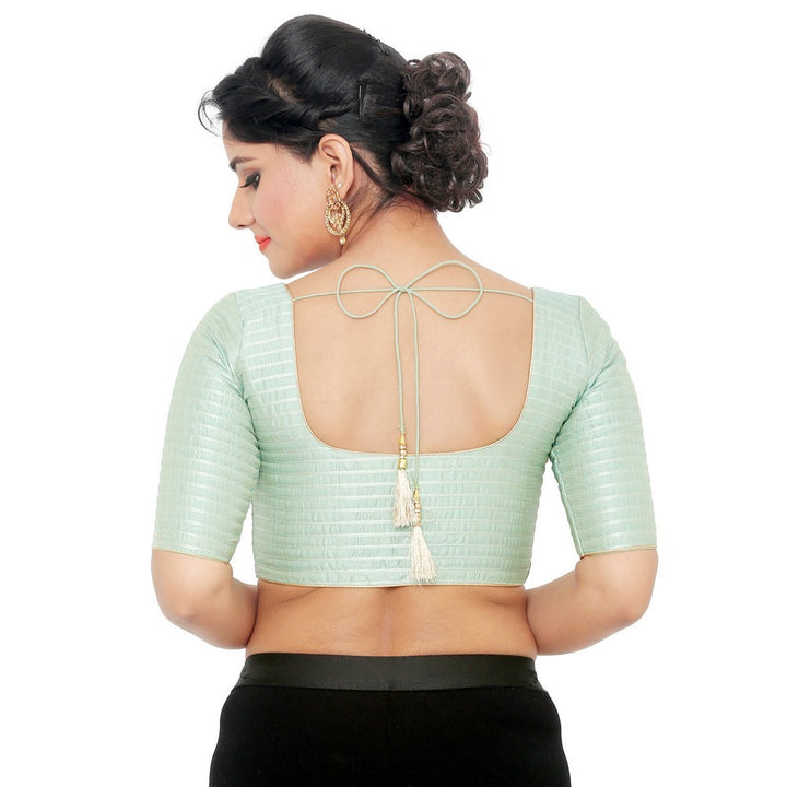 Designer Indian Traditional Pastel-Blue Stripes Padded Elbow Sleeves Saree Blouse Choli (X-797.Elb)