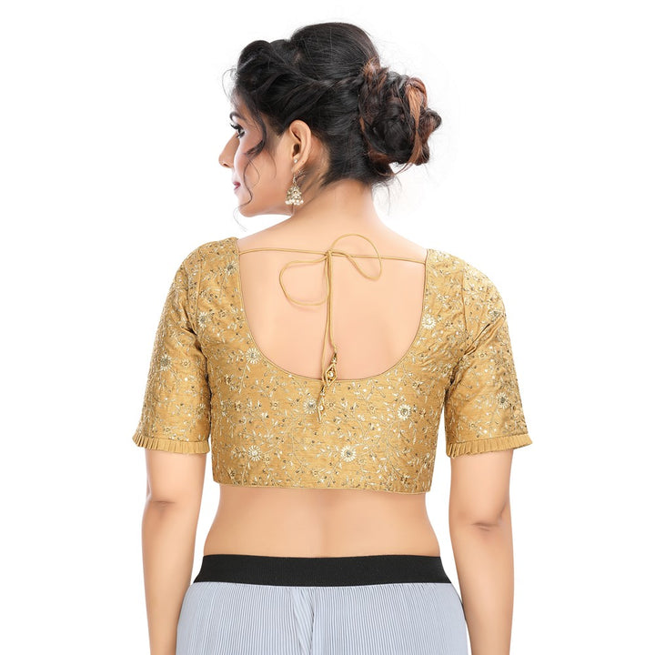 Ethnic Indian Gold Dupion Silk Padded Elbow Sleeves Sari Saree Blouse Choli