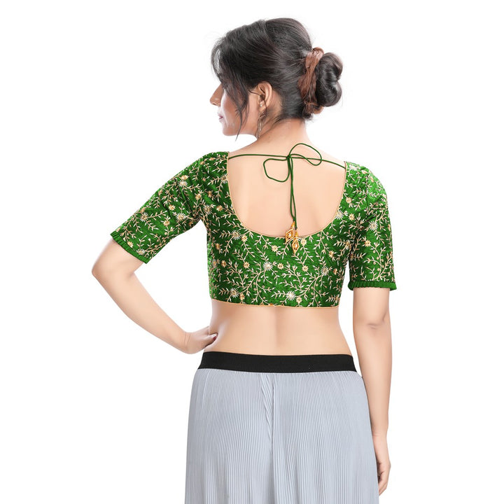 Ethnic Indian Green Dupion Silk Padded Elbow Sleeves Sari Saree Blouse Choli