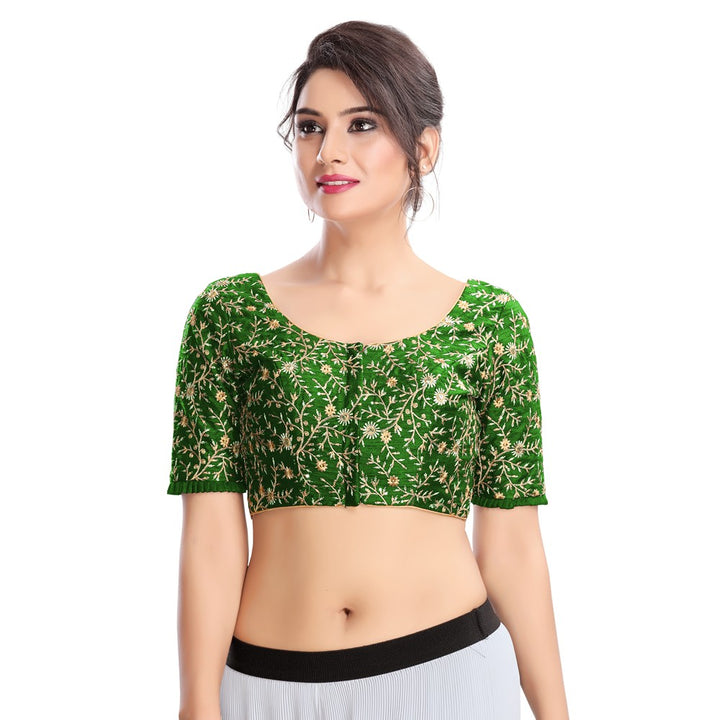 Ethnic Indian Green Dupion Silk Padded Elbow Sleeves Sari Saree Blouse Choli