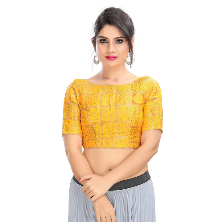 Traditional Indian Yellow Brocade Silk Sari Saree Blouse Choli w. Elbow Sleeves