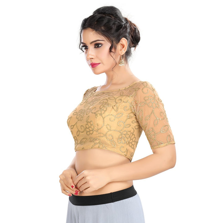 Ethnic Indian Gold Fancy Net Padded Sari Saree Blouse Choli With Elbow Sleeves