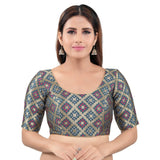 Gorgeous Grey Designer Indian Traditional Bandhani Round-Neck Elbow length Saree Blouse Choli (X-977ELB-Grey)