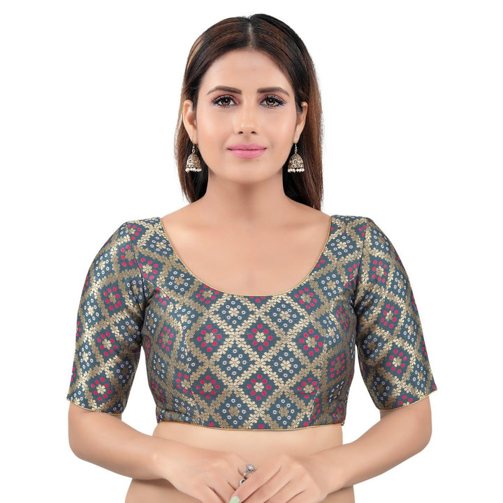 Gorgeous Grey Designer Indian Traditional Bandhani Round-Neck Elbow length Saree Blouse Choli (X-977ELB-Grey)