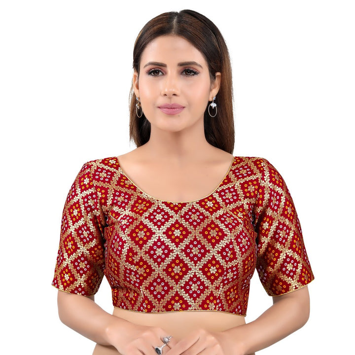 Gorgeous Maroon Designer Indian Traditional Bandhani Round-Neck Elbow length Saree Blouse Choli (X-977ELB-Maroon)