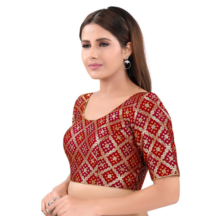 Gorgeous Maroon Designer Indian Traditional Bandhani Round-Neck Elbow length Saree Blouse Choli (X-977ELB-Maroon)