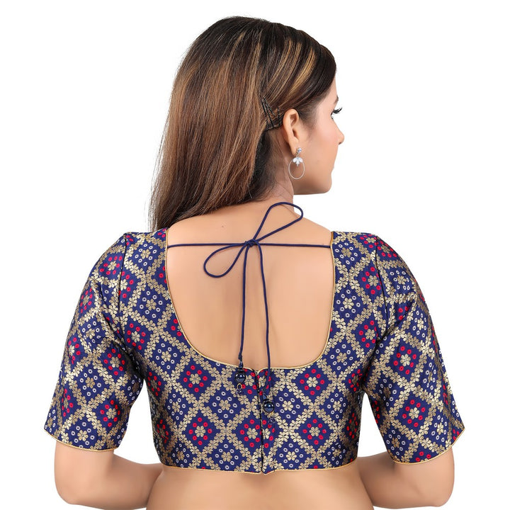 Gorgeous Navy-Blue Designer Indian Traditional Bandhani Round-Neck Elbow length Saree Blouse Choli (X-977ELB-Navy-Blue)