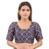 Gorgeous Navy-Blue Designer Indian Traditional Bandhani Round-Neck Elbow length Saree Blouse Choli (X-977ELB-Navy-Blue)