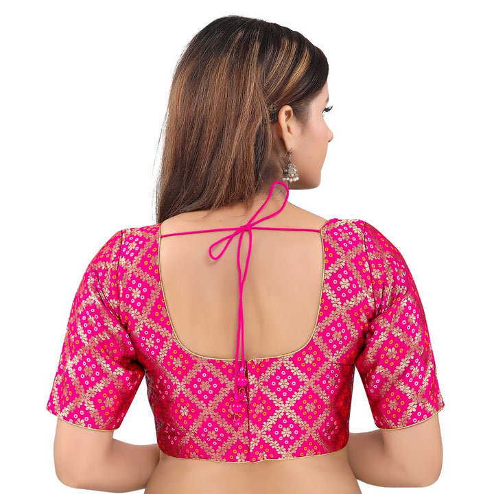 Gorgeous Pink Designer Indian Traditional Bandhani Round-Neck Elbow length Saree Blouse Choli (X-977ELB-Pink)