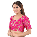 Gorgeous Pink Designer Indian Traditional Bandhani Round-Neck Elbow length Saree Blouse Choli (X-977ELB-Pink)