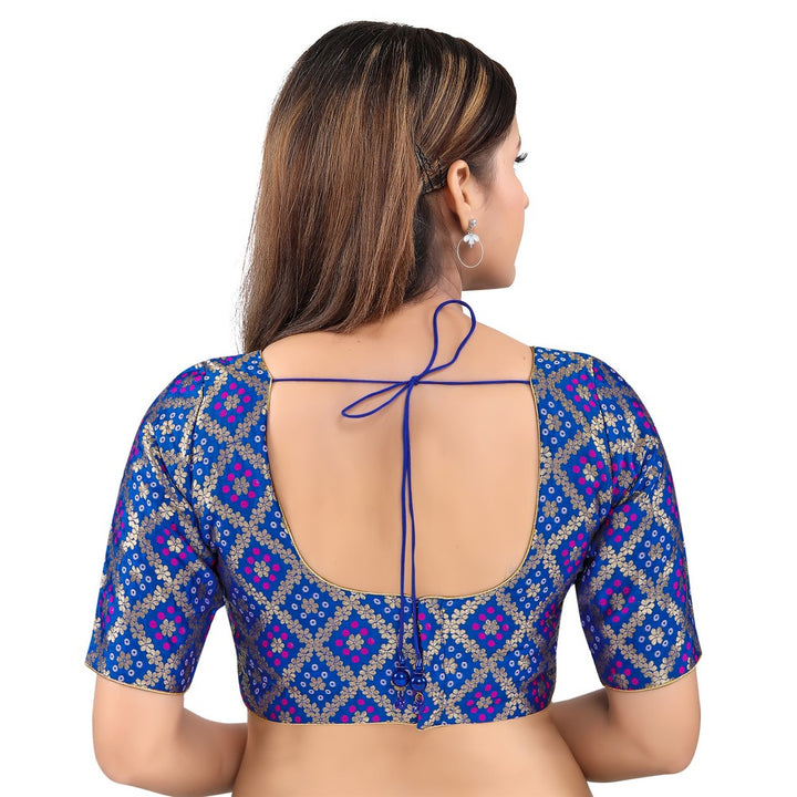 Gorgeous Royal-Blue Designer Indian Traditional Bandhani Round-Neck Elbow length Saree Blouse Choli (X-977ELB-Royal-Blue)