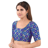 Gorgeous Royal-Blue Designer Indian Traditional Bandhani Round-Neck Elbow length Saree Blouse Choli (X-977ELB-Royal-Blue)