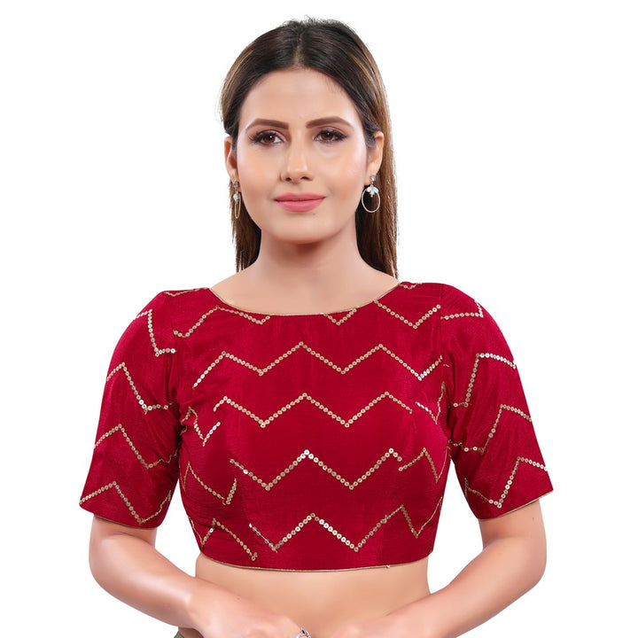 Magnificent Red Designer Indian Traditional Zig-Zag Sequence Elbow length Saree Blouse Choli (X-981ELB-Red)