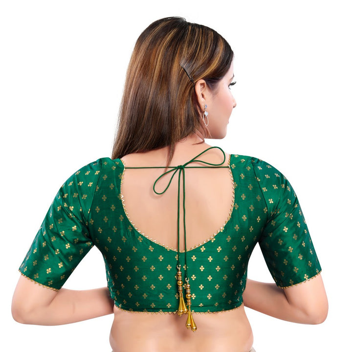 Enthralling Green Designer Indian Traditional Zari Weaved Motifs Elbow Sleeves Saree Blouse Choli (X-986ELB-Green)