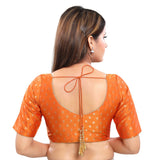 Enthralling Mustard Designer Indian Traditional Zari Weaved Motifs Elbow Sleeves Saree Blouse Choli (X-986ELB-Mustard)