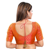 Enthralling Peach Designer Indian Traditional Zari Weaved Motifs Elbow Sleeves Saree Blouse Choli (X-986ELB-Peach)