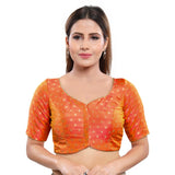 Enthralling Peach Designer Indian Traditional Zari Weaved Motifs Elbow Sleeves Saree Blouse Choli (X-986ELB-Peach)