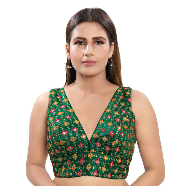 Mesmerizing Green Designer Indian Plunging V-Neckline Saree Blouse Choli (X-995NS-Green)