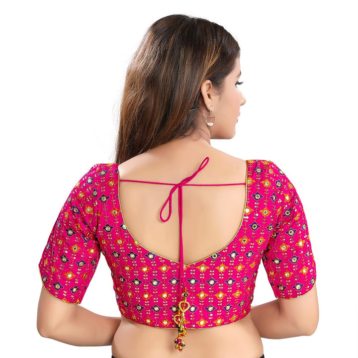 Ethnic Pink Designer Indian Traditional Mirror Work V-Neckline Saree Blouse Choli (X-996ELB-Pink)