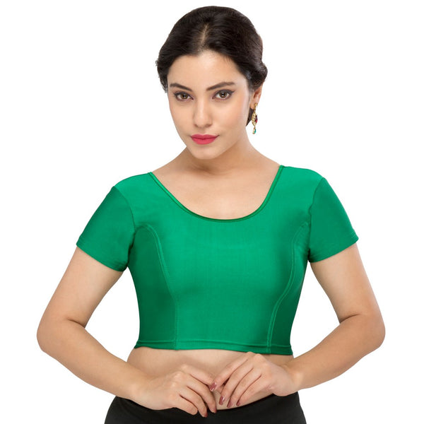 Designer Green Non-Padded Stretchable Short Sleeves Saree Blouse Crop Top (A-10-Green)