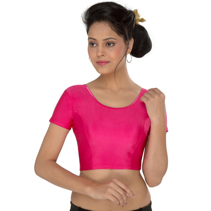 Designer Pink Non-Padded Stretchable Short Sleeves Saree Blouse Crop Top (A-10-Pink)