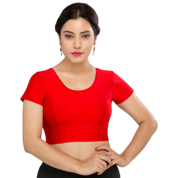 Designer Red Non-Padded Stretchable Short Sleeves Saree Blouse Crop Top (A-10-Red)