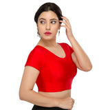 Designer Red Non-Padded Stretchable Short Sleeves Saree Blouse Crop Top (A-10-Red)