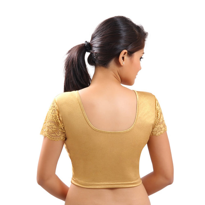 Designer Indian Gold Shimmer Non-Padded Stretchable Half Sleeves Saree Blouse Crop Top (A-18)
