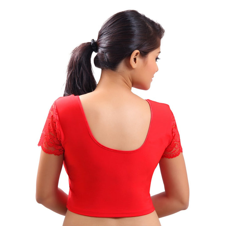 Designer Red Non-Padded Stretchable Short Sleeves Saree Blouse Crop Top (A-11-Red)