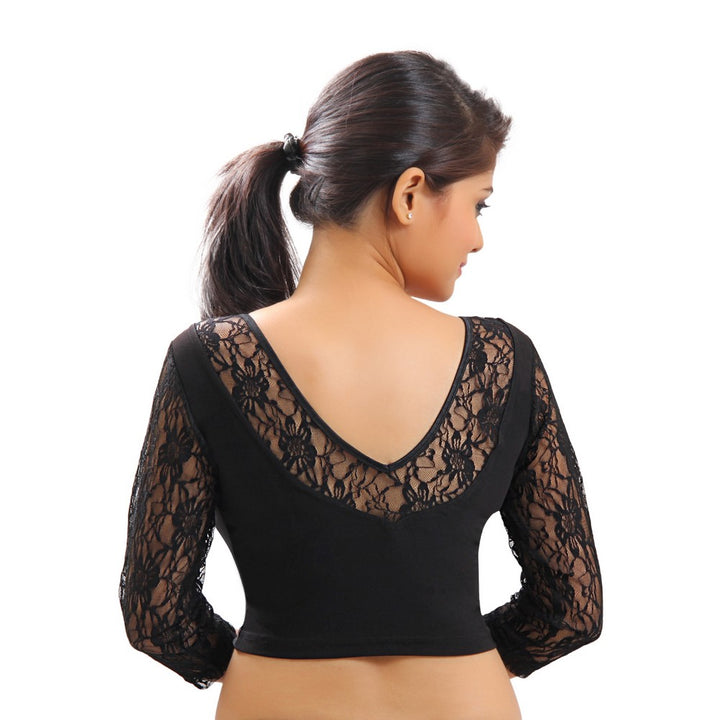 Designer Indian Black Lycra Non-Padded Stretchable Half Sleeves Saree Blouse Crop Top (A-12)