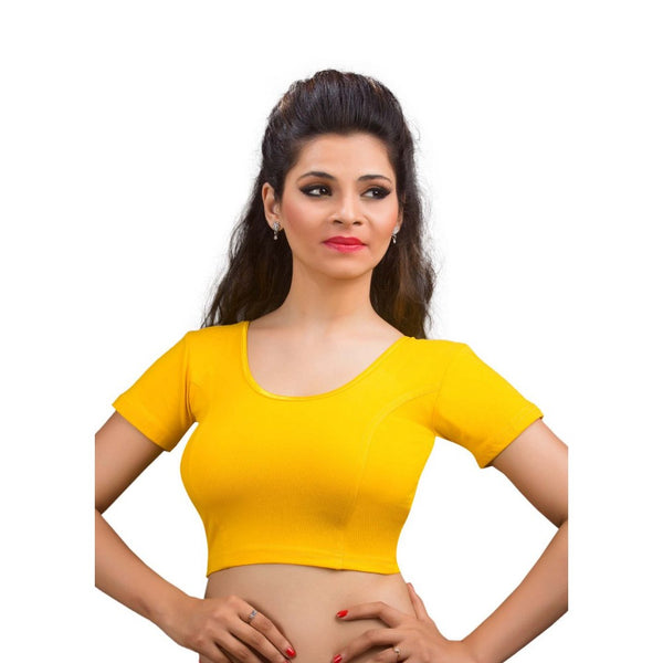 Designer Dark-Yellow Non-Padded Cotton Lycra Stretchable Short Sleeves Saree Blouse Crop Top (A-14-Dark-Yellow)