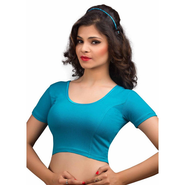Designer Firozi Non-Padded Cotton Lycra Stretchable Short Sleeves Saree Blouse Crop Top (A-14-Firozi)
