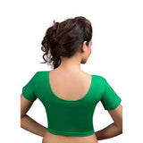 Designer Green Non-Padded Cotton Lycra Stretchable Short Sleeves Saree Blouse Crop Top (A-14-Green)