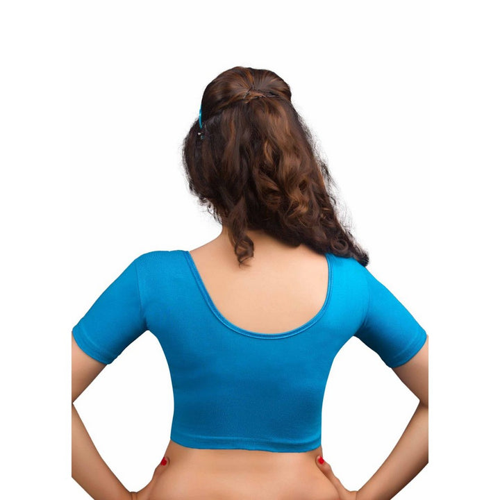 Designer Peacock-Blue Non-Padded Cotton Lycra Stretchable Short Sleeves Saree Blouse Crop Top (A-14-Peacock-Blue)