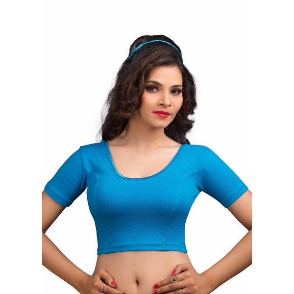 Designer Peacock-Blue Non-Padded Cotton Lycra Stretchable Short Sleeves Saree Blouse Crop Top (A-14-Peacock-Blue)