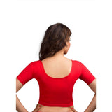 Designer Red Non-Padded Cotton Lycra Stretchable Short Sleeves Saree Blouse Crop Top (A-14-Red)